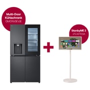 Vorderansicht von Multi Door mit InstaView® | Eis-, Crushed Ice- und Wasserspender | 638 Liter Kapazität | Energieeffizienzklasse E | Festwasseranschluss | GMG960EVJE + LG StanbyME 2 - Superportabler 27-Zoll-Touchscreen GMG960EVJE.27LX001